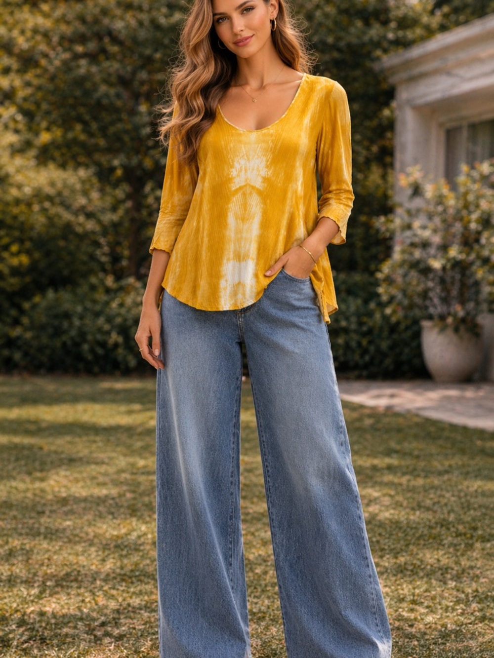 Soft Surroundings 100% Viscose Boho Top Size M Mustard Tie Dye Flowy 3/4 Sleeve
